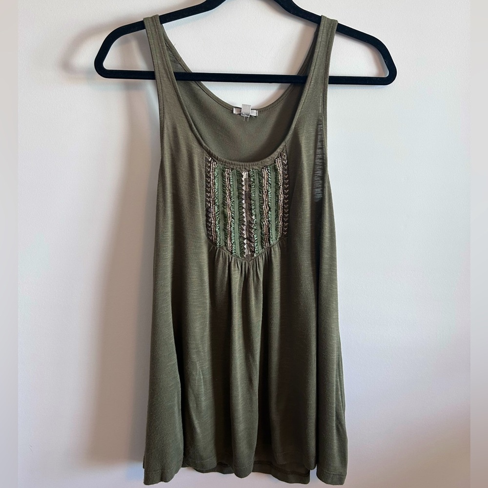 Olive green tank with gold beading, small.